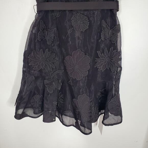Milly Hannah Organza Belted Floral Embroidered Mini Dress Black Sheer Size 6 NEW - Picture 10 of 16